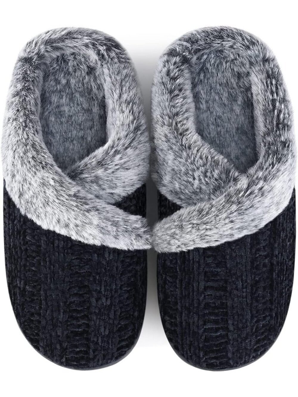 Women's Black Fuzzy House Slip on Indoor Outdoor Anti-Skid Rubber Slipper Shoes